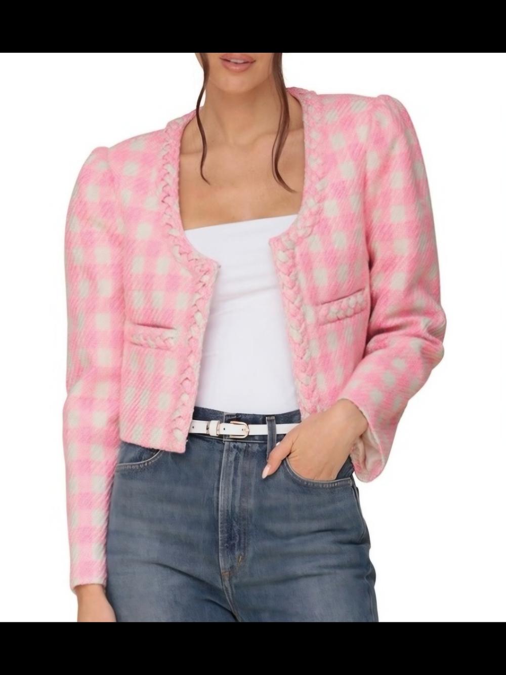 Avec Les Filles Pink Plaid Cropped Blazer Size S Preppy Feminine Business Casual